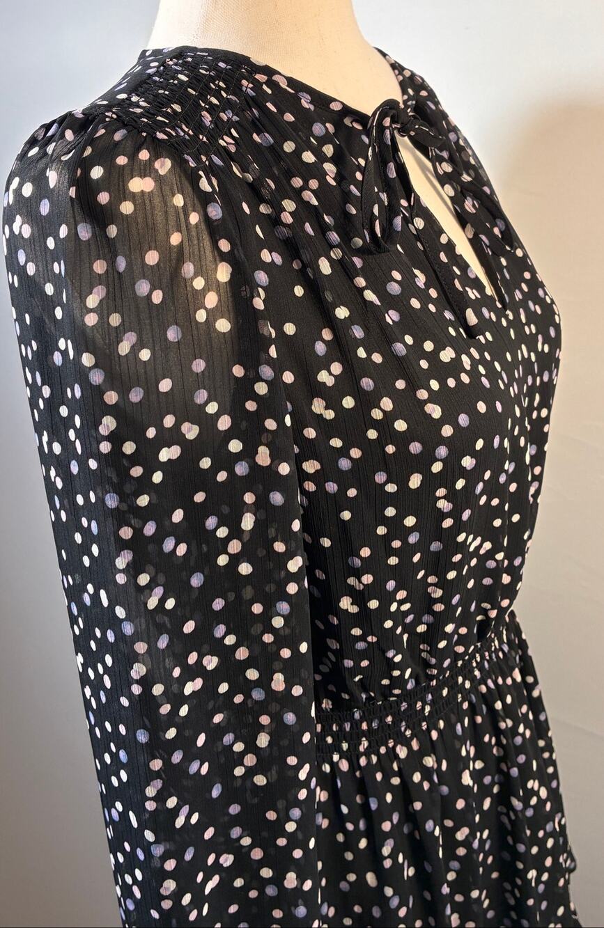 Banana Republic Tie Neck Confetti Dot Mini Dress 0 Black Smocked Tiered NWT
